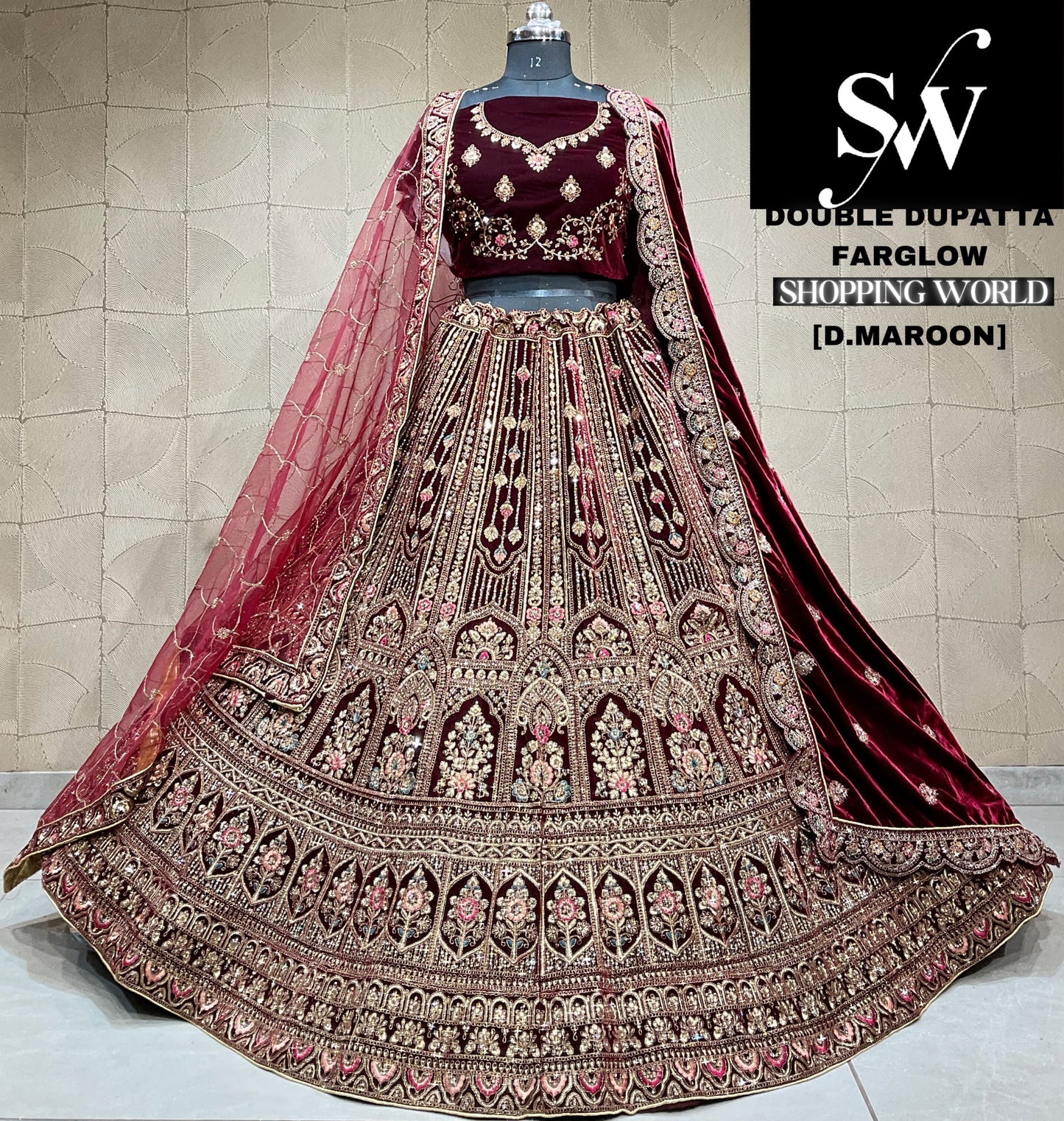 Lovely Dark maroon Velvet double dupatta bridal Lehenga