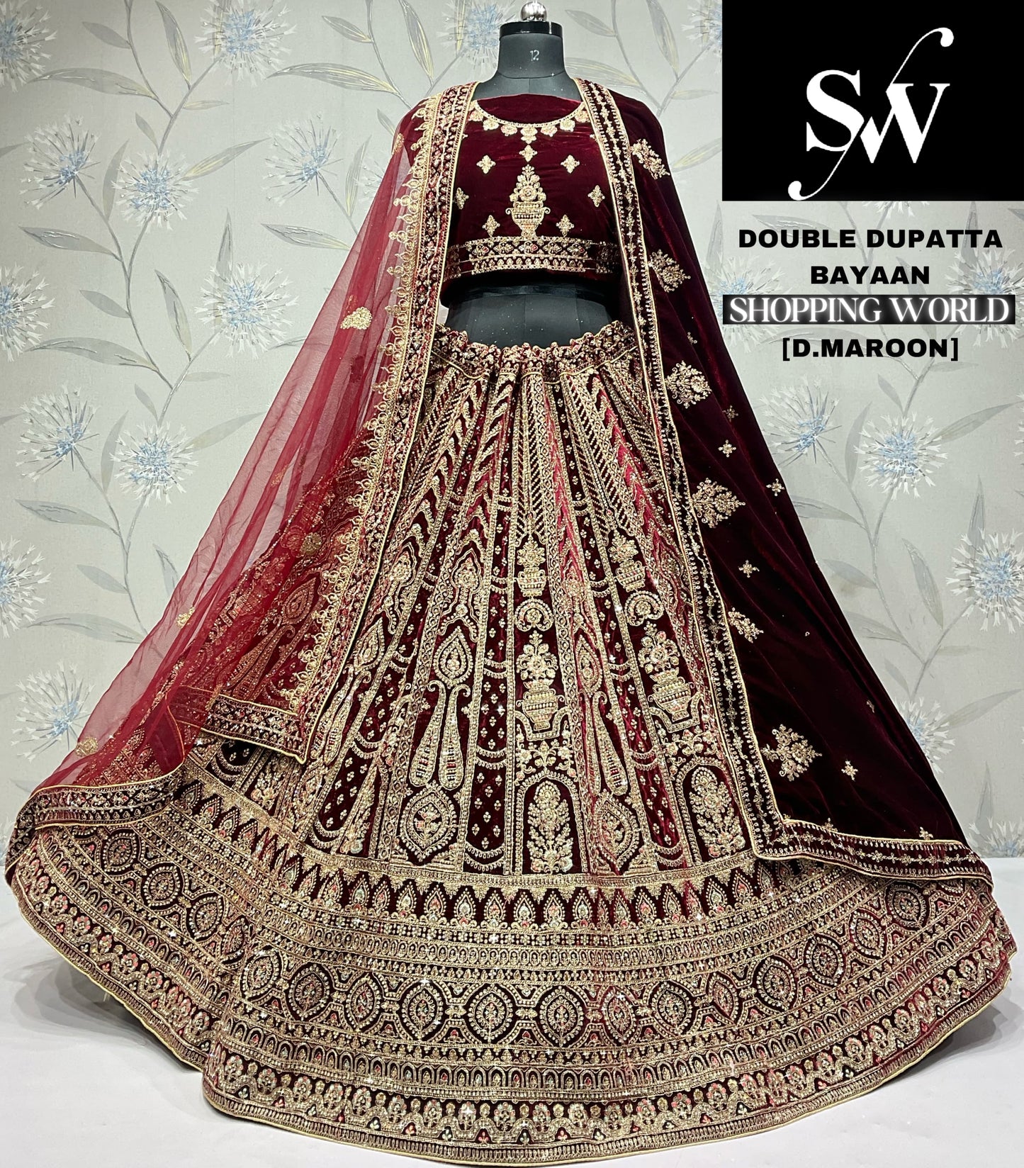 मैजेस्टिक डार्क मैरून मखमली डबल दुपट्टा दुल्हन लहंगा