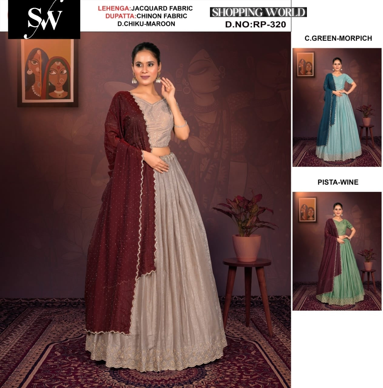 Preciosa Lehenga de tejido Jacquard color granate oscuro chiku