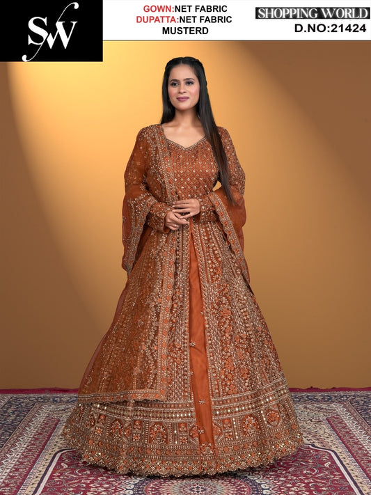 Khoobsurat mustard net Fabric lehenga long dress muslim special upto large xl size