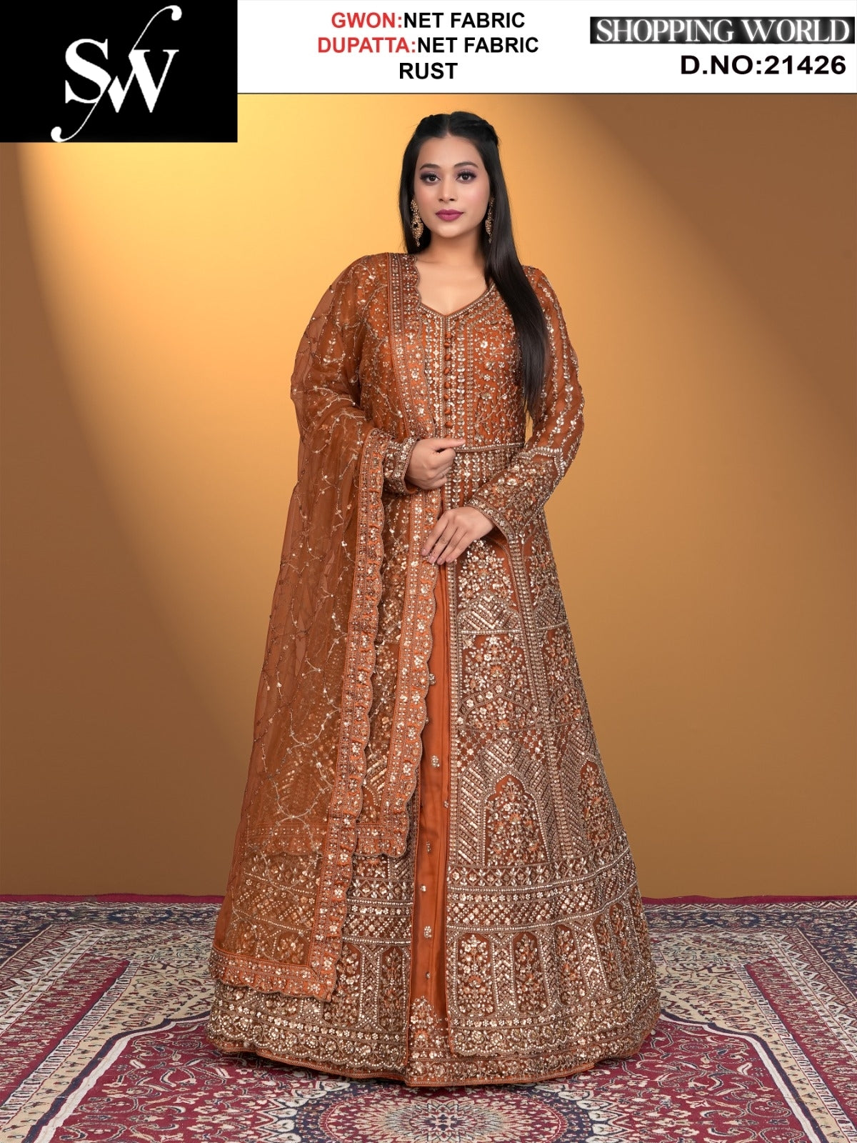 Elegant rust net Fabric lehenga long dress muslim special upto large xl size
