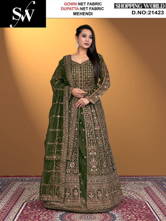 Engaging mehendi green net Fabric lehenga long dress muslim special upto large xl size