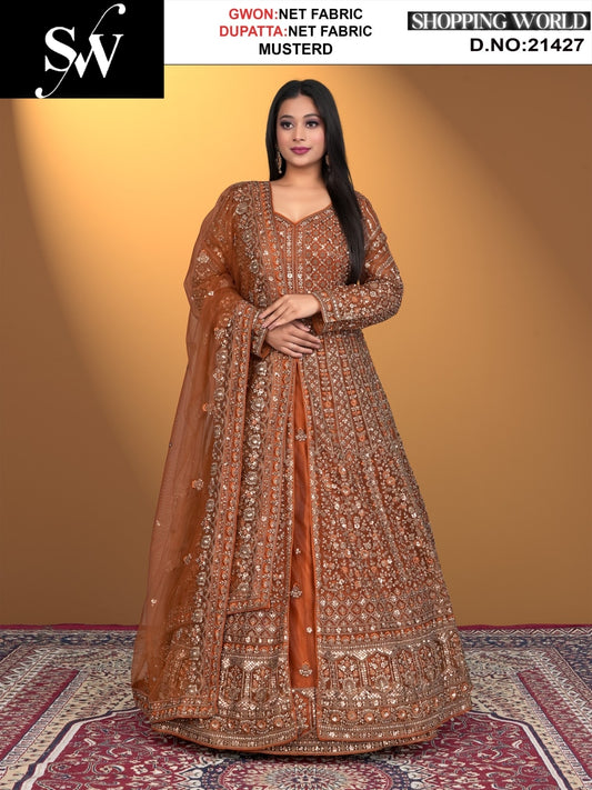 Delightful mustard net Fabric lehenga long dress muslim special upto large xl size