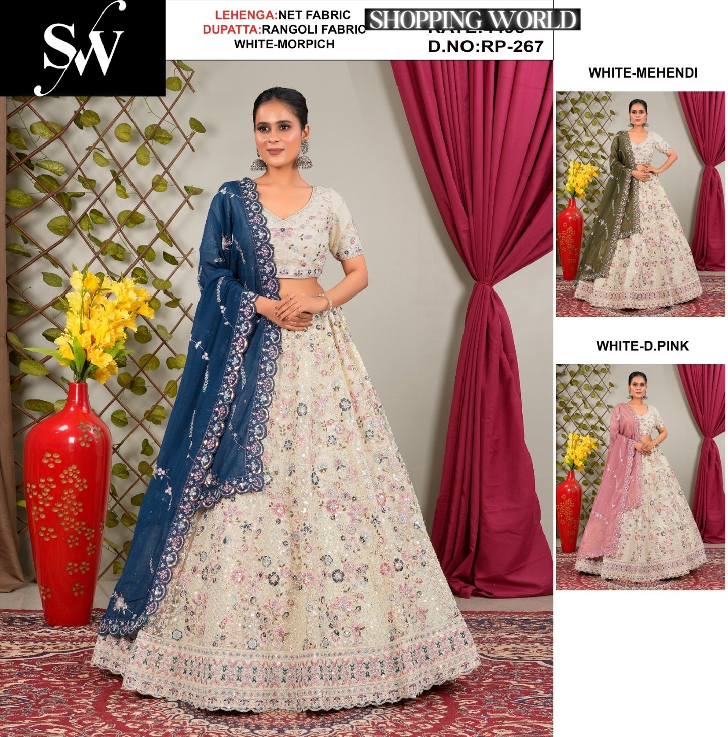 Attractive Net Fabric White dark Morpich Lehenga