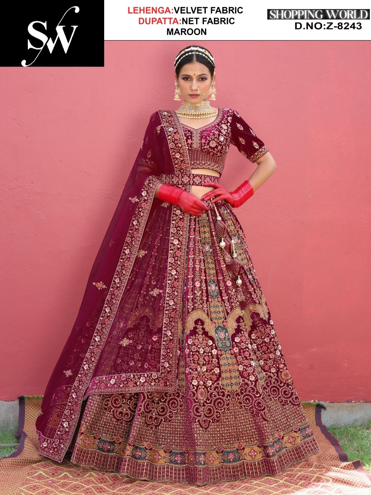 Awesome Velvet Fabric Maroon Lehenga