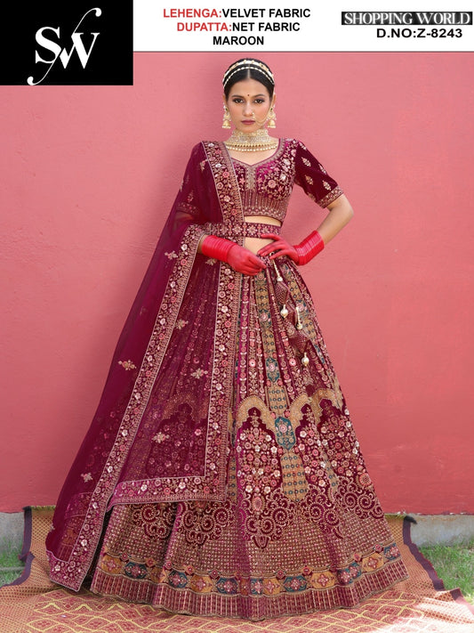 Awesome Velvet Fabric Maroon Lehenga