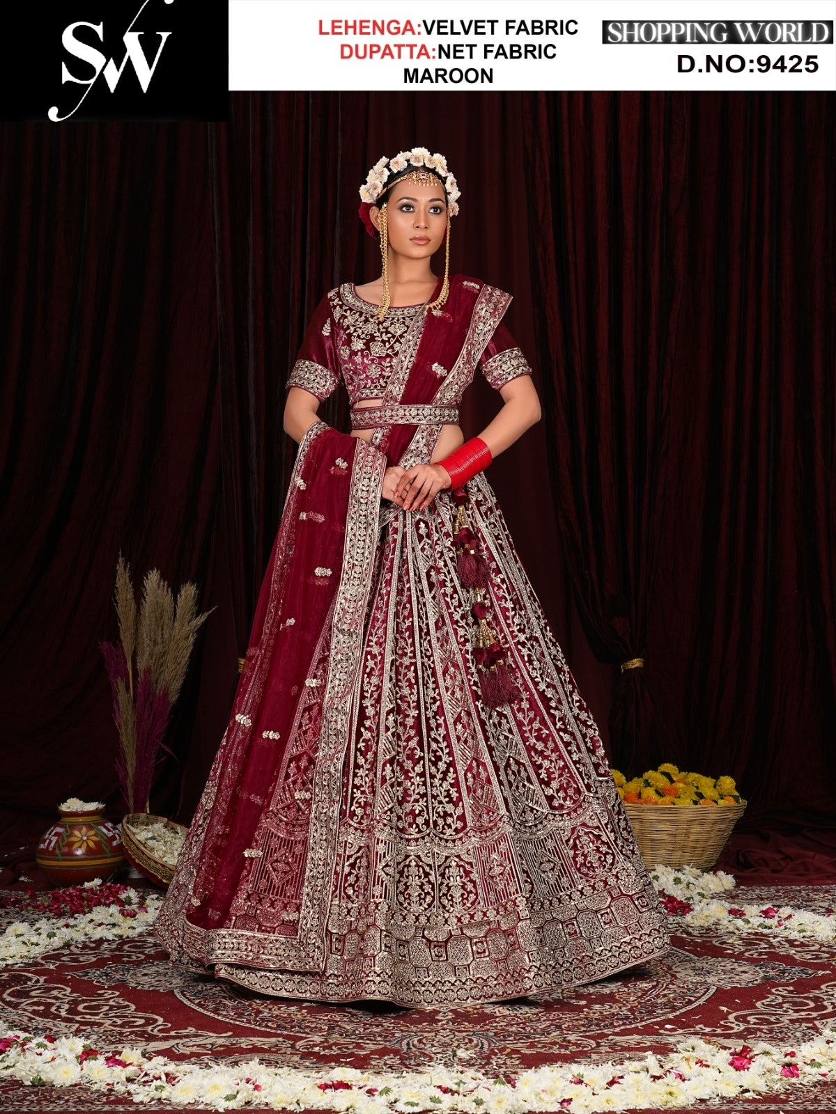 Glamorous Velvet Fabric Maroon double dupatta Bridal Lehenga