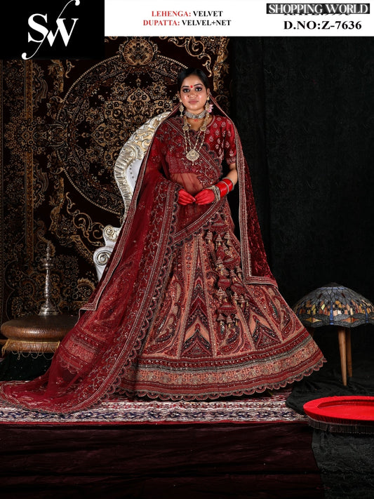 Pretty Velvet Fabric Maroon  double dupatta Bridal Lehenga