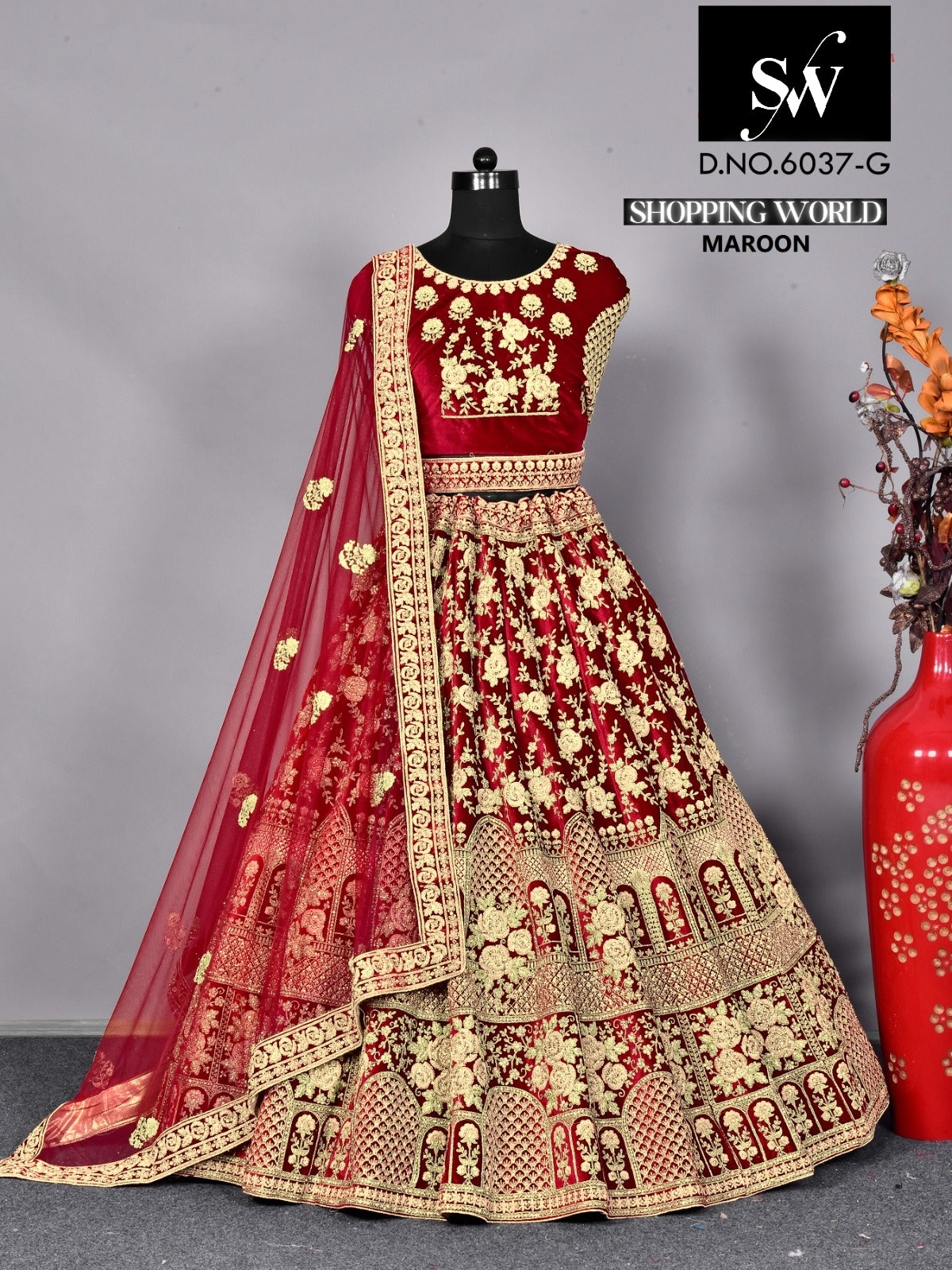 Stunning Velvet Fabric Maroon Bridal Lehenga