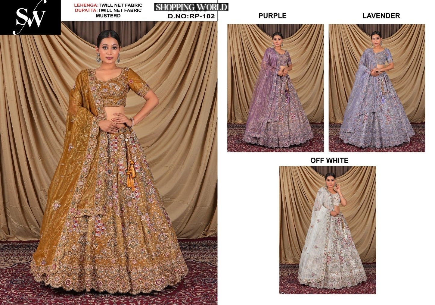 Lovely Twill Net Fabric Mustard Off white purple Lavender Lehenga