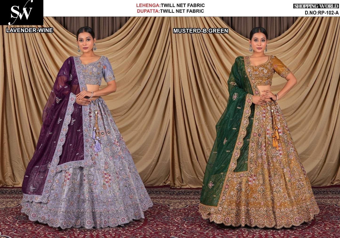 Tremendous Twill Net Fabric Mustard Lavender Lehenga