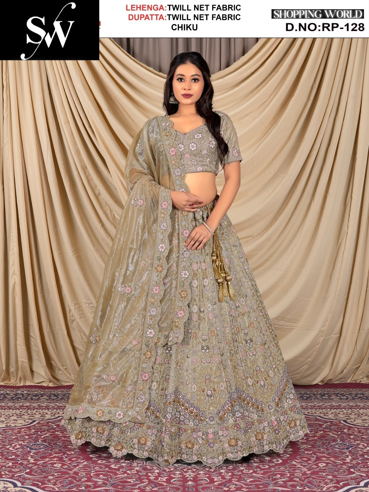 Embellished Twill Net Fabric Rust Chiku Lehenga