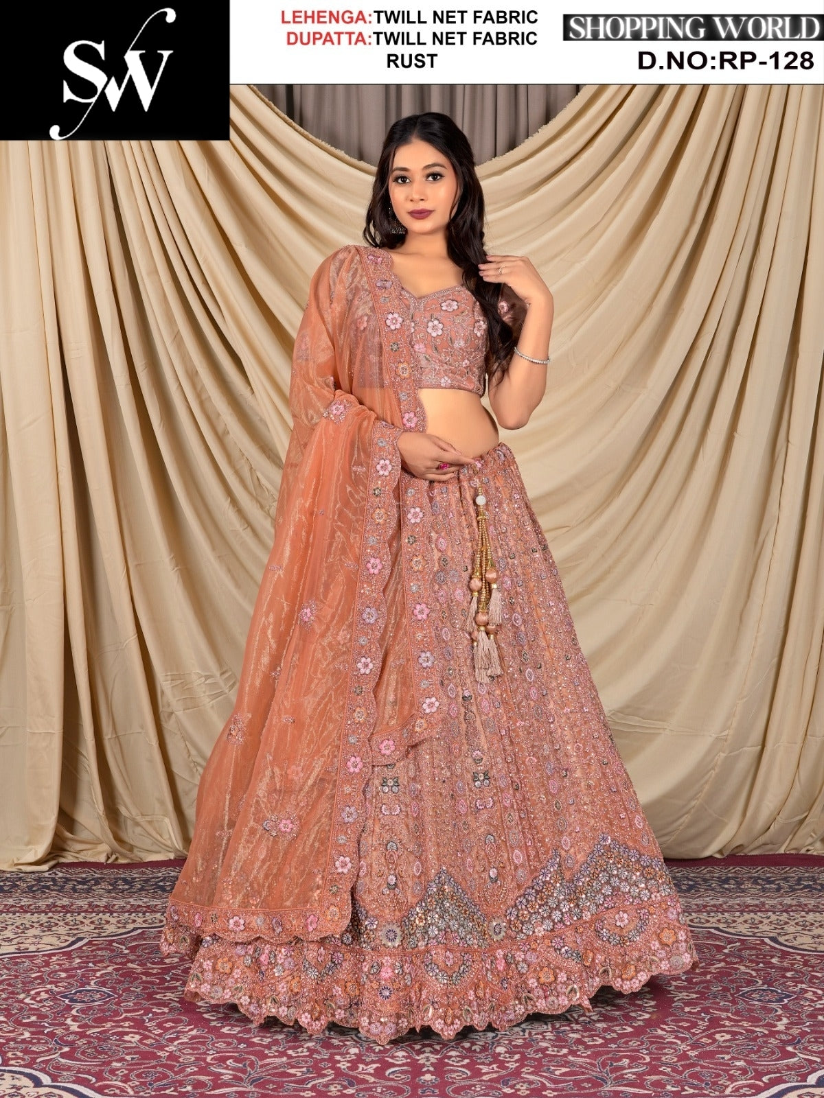 Good looking Twill Net Fabric Rust Chiku Lehenga