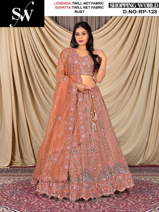 Good looking Twill Net Fabric Rust Chiku Lehenga