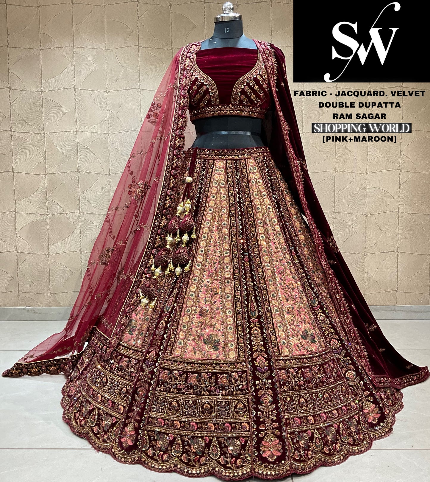 Awesome jacquard silk Chiku maroon Double dupatta Bridal Lehenga
