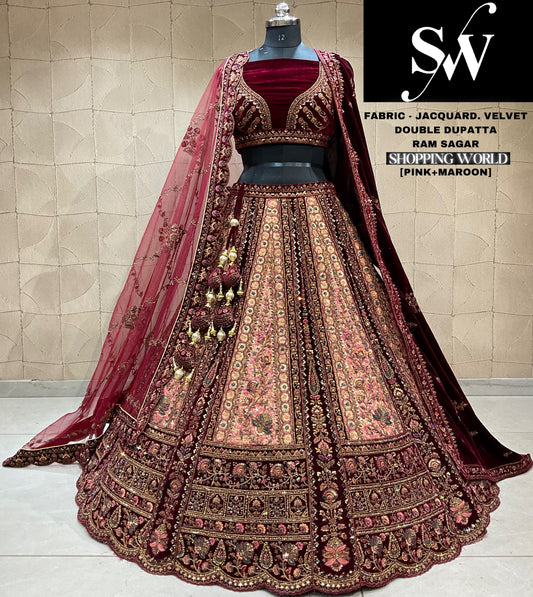 Awesome jacquard silk Chiku maroon Double dupatta Bridal Lehenga