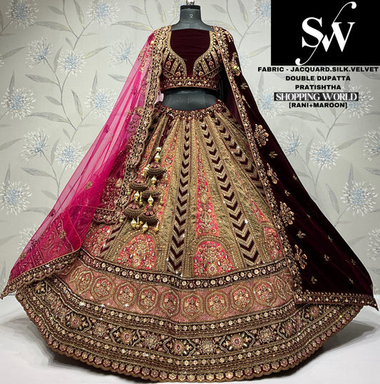 Cute jacquard Velvet silk Rani maroon Double dupatta Bridal Lehenga