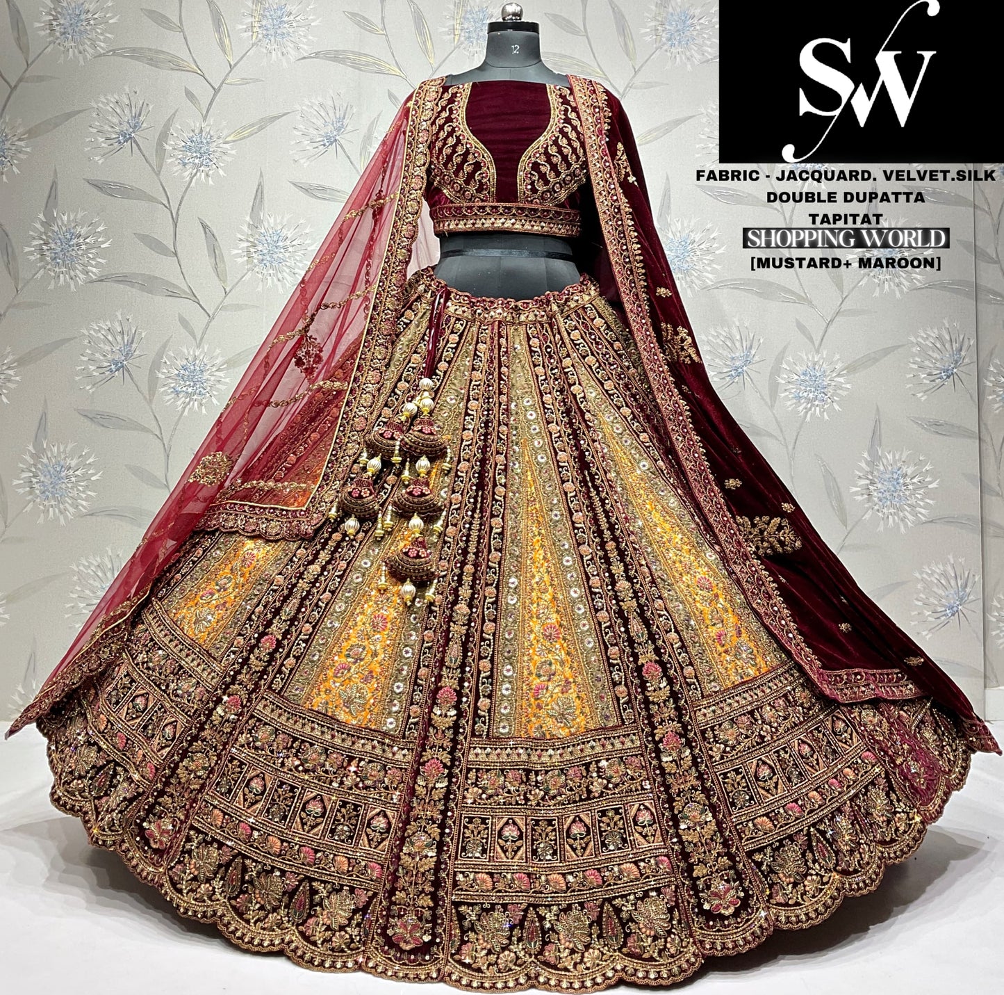 Fabulous jacquard silk pink maroon Double dupatta Bridal Lehenga