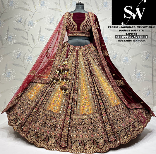 Gorgeous jacquard silk Rani maroon Double dupatta Bridal Lehenga