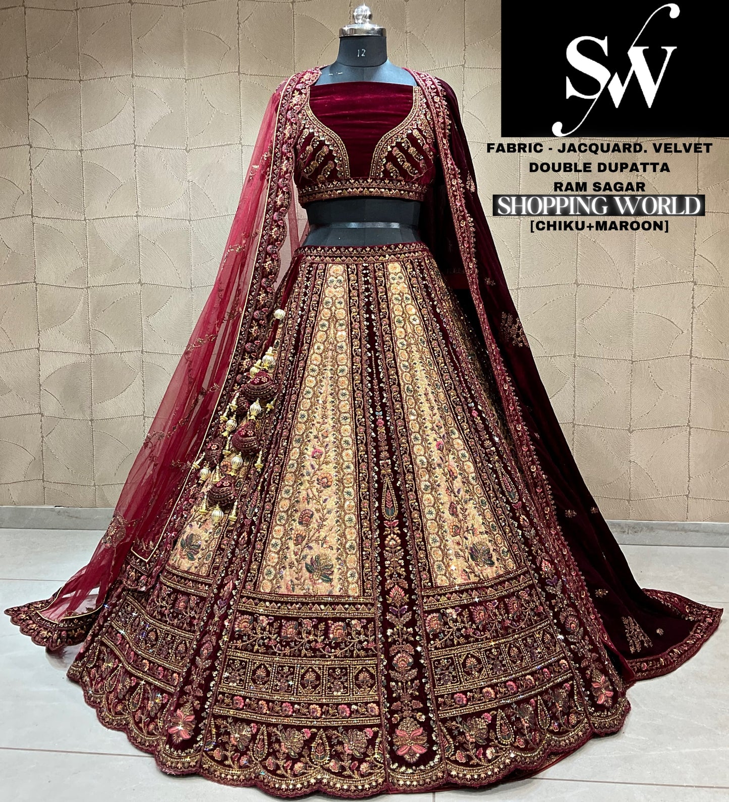 Amazing jacquard silk Pink maroon Double dupatta Bridal Lehenga