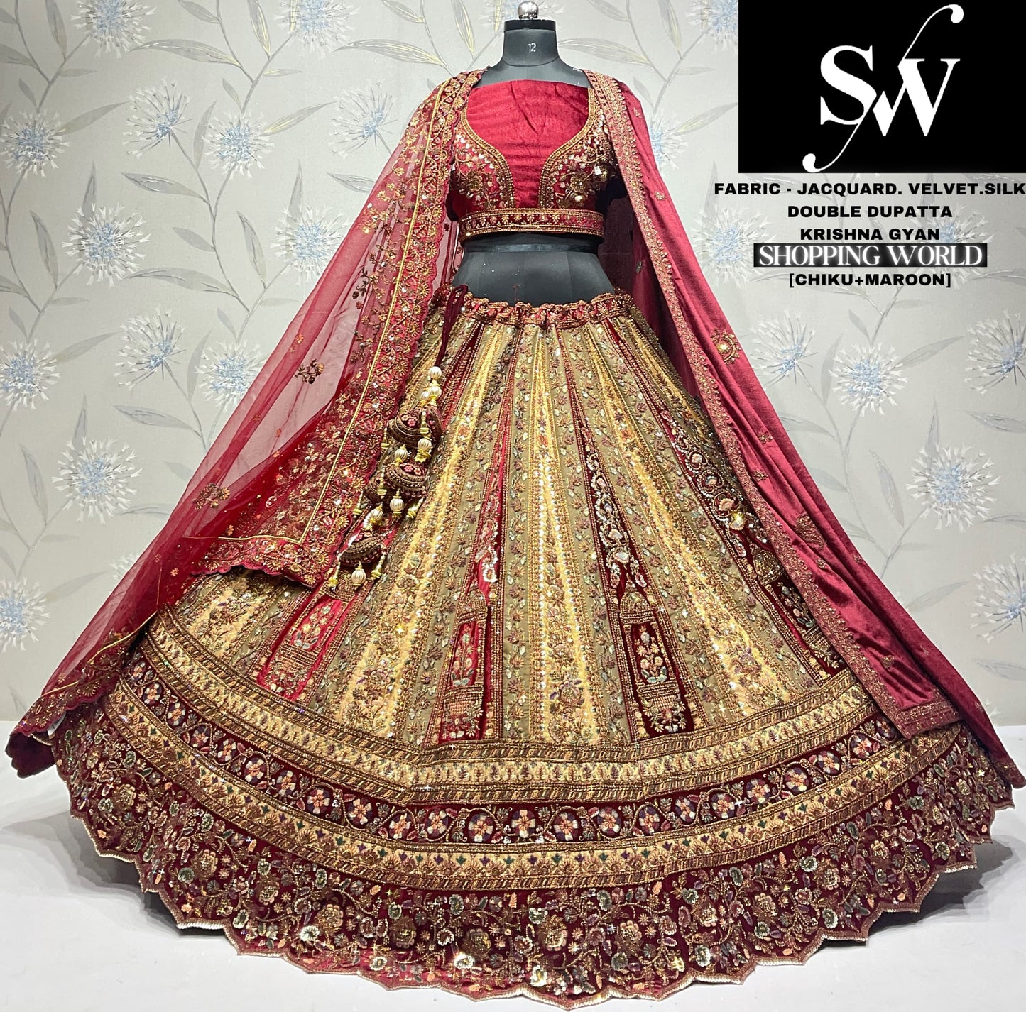 Awesome Velvet jacquard Pink raspberry Double dupatta Bridal Lehenga