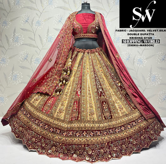 Fantastic Velvet jacquard Maroon Double dupatta Bridal Lehenga