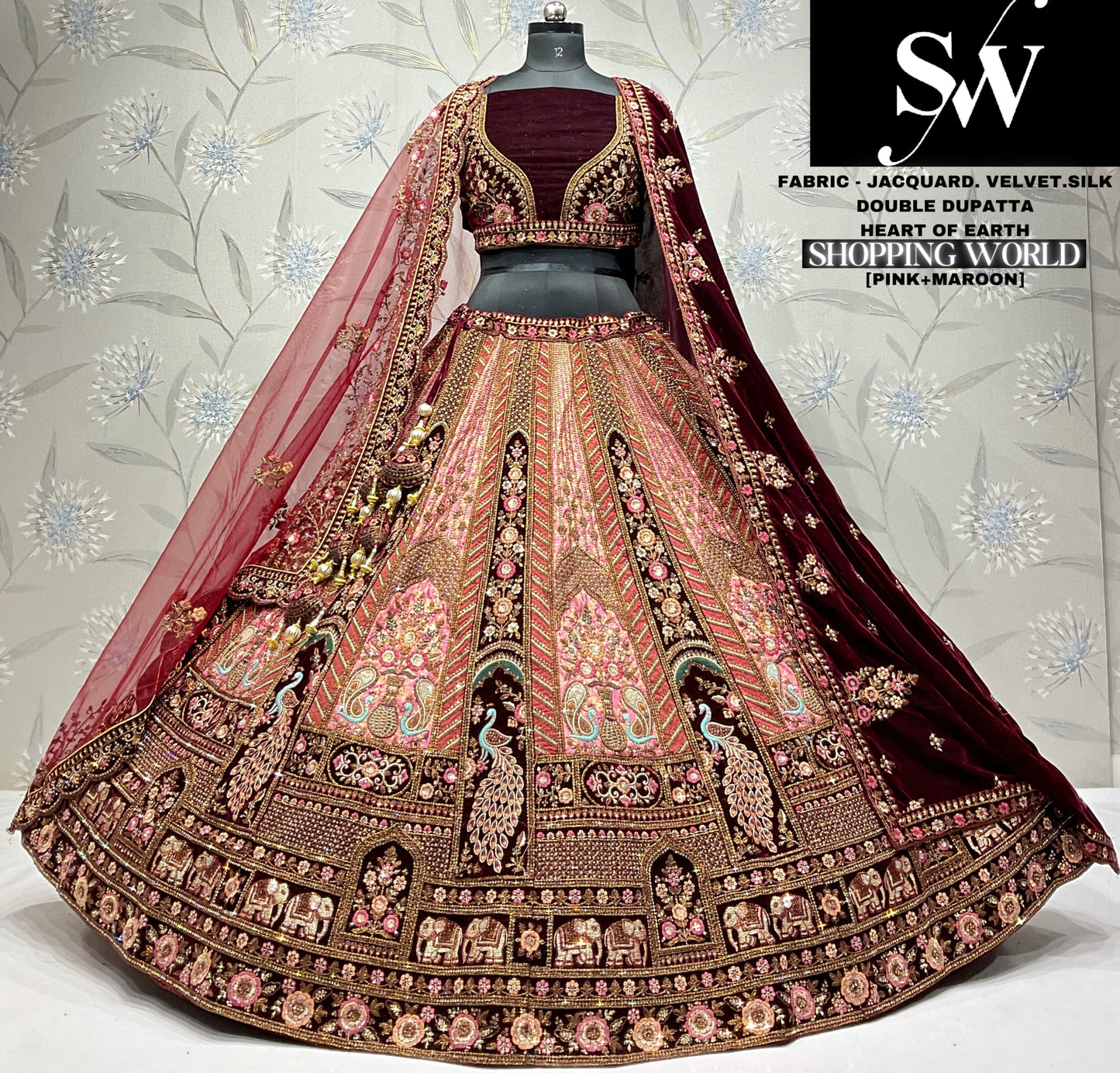 Pretty jacquard Velvet silk maroon Chiku peacock Double dupatta Bridal Lehenga