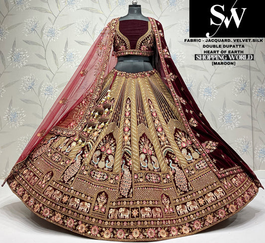 Pretty jacquard Velvet silk maroon Chiku peacock Double dupatta Bridal Lehenga