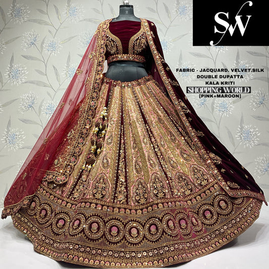 Stunning jacquard Velvet silk pink maroon Double dupatta Bridal Lehenga