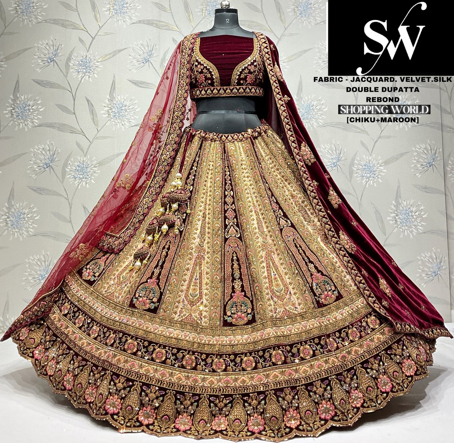Stunning Velvet jacquard Maroon Double dupatta Bridal Lehenga