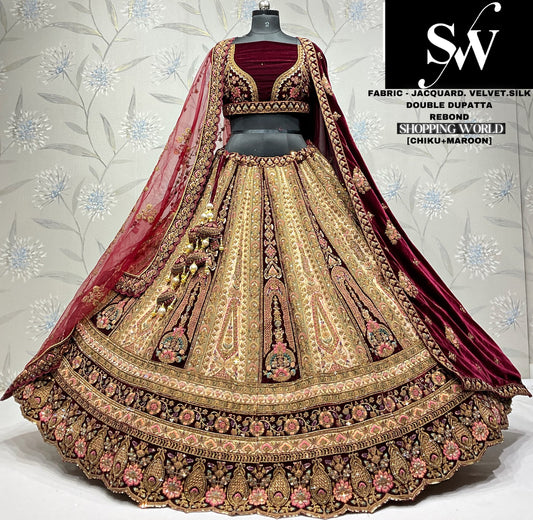 Fabulous Velvet jacquard Maroon Double dupatta Bridal Lehenga
