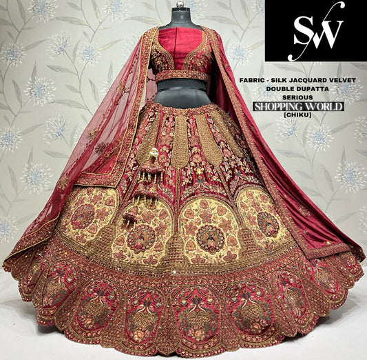 Embellished jacquard Velvet silk Chiku maroon Double dupatta Bridal Lehenga