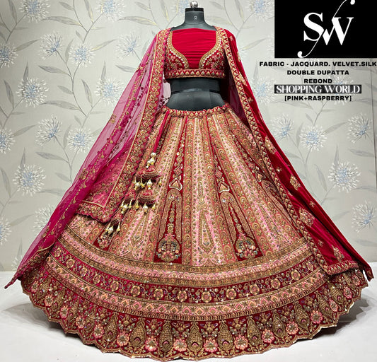 Stunning Velvet jacquard Maroon Double dupatta Bridal Lehenga