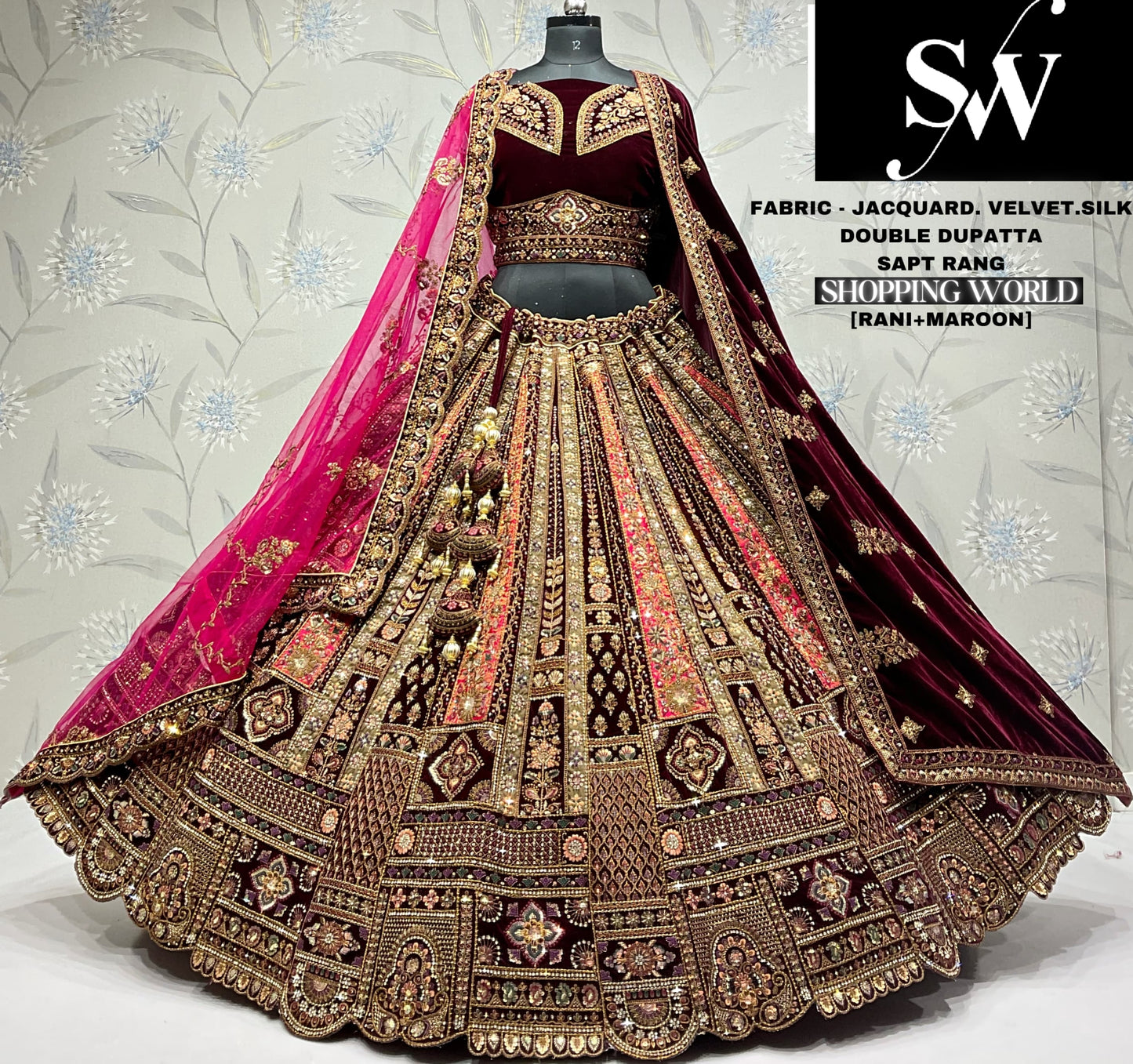 Lehenga nupcial doble dupatta Chiku de seda jacquard color granate