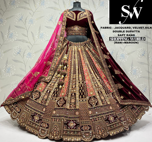 Designer jacquard silk Rani maroon Double dupatta Bridal Lehenga