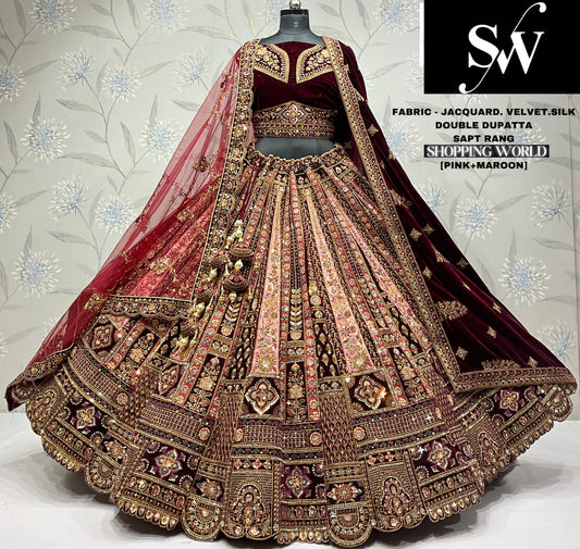 Good looking jacquard silk pink maroon Double dupatta Bridal Lehenga