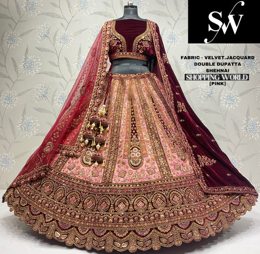 Engaging jacquard Velvet silk pink maroon Double dupatta Bridal Lehenga