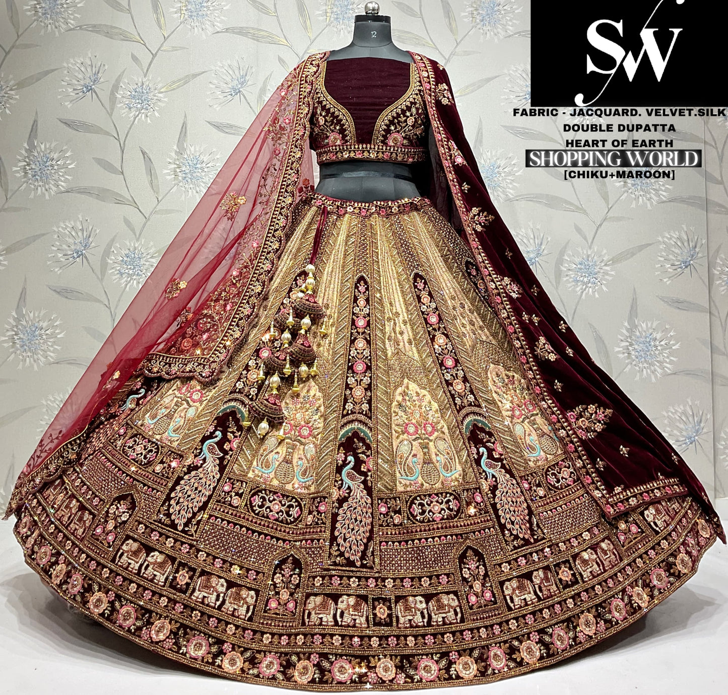 Beautiful jacquard Velvet silk maroon pink Double dupatta Bridal Lehenga