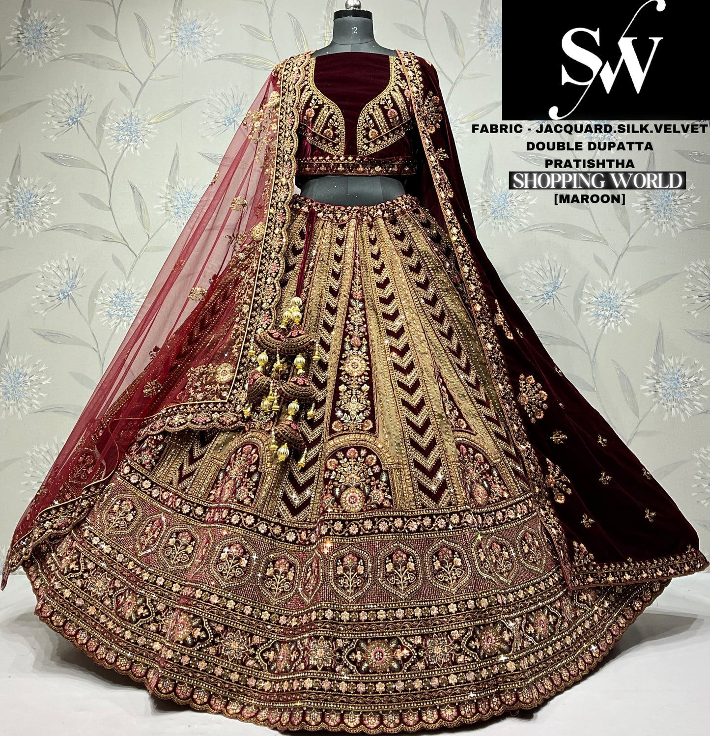 Fair jacquard Velvet silk pink maroon Double dupatta Bridal Lehenga