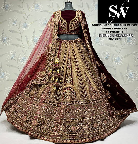 Majestic jacquard Velvet silk  maroon Double dupatta Bridal Lehenga