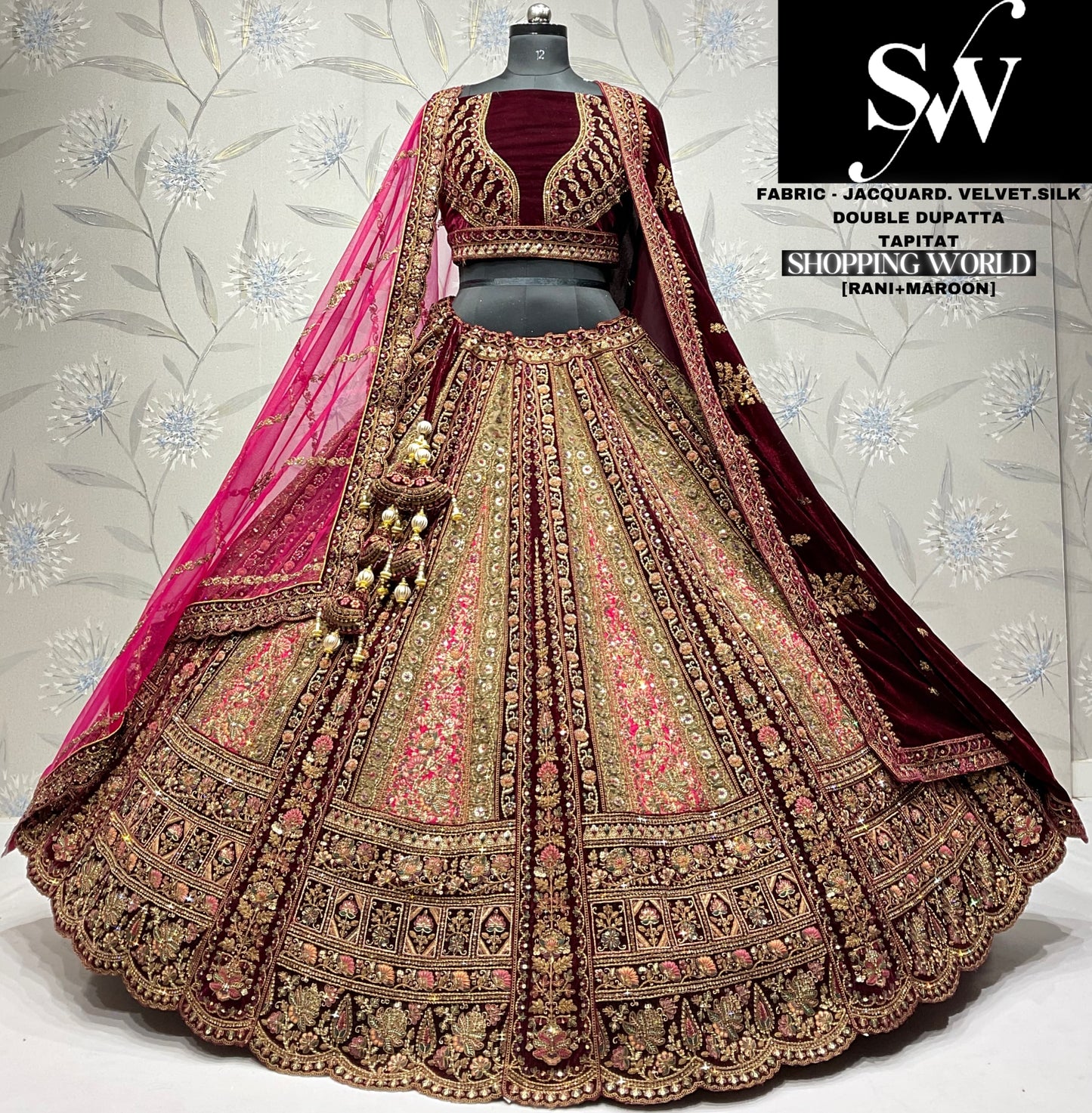 Fantastic jacquard silk Mustard maroon Double dupatta Bridal Lehenga