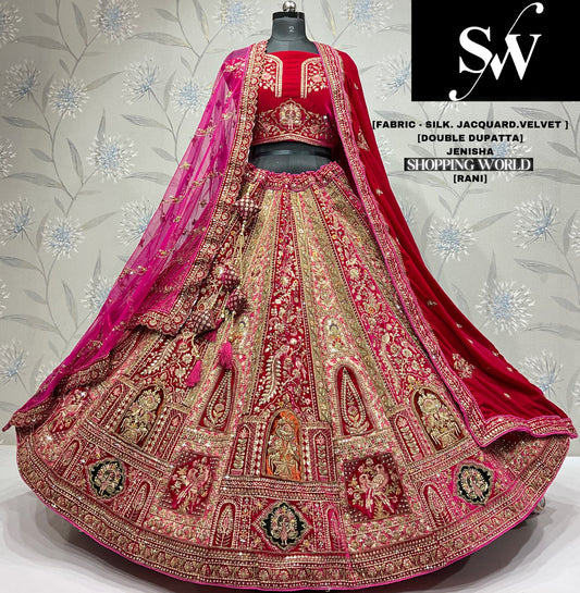 Majestic jacquard Velvet silk Rani pink Double dupatta Bridal Lehenga