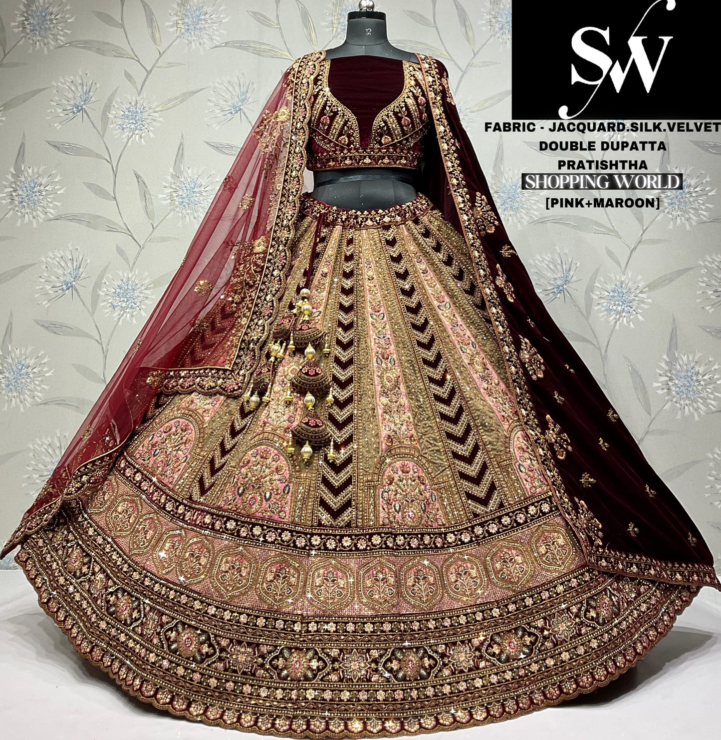 Majestic jacquard Velvet silk maroon Double dupatta Bridal Lehenga
