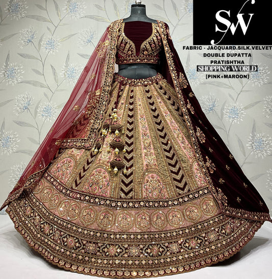 Fair jacquard Velvet silk pink maroon Double dupatta Bridal Lehenga