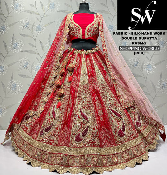 Tremendous jacquard silk Handwork Red Double dupatta Bridal Lehenga