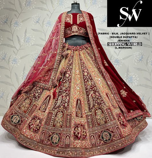 Good looking jacquard Velvet silk Light maroon Double dupatta Bridal Lehenga