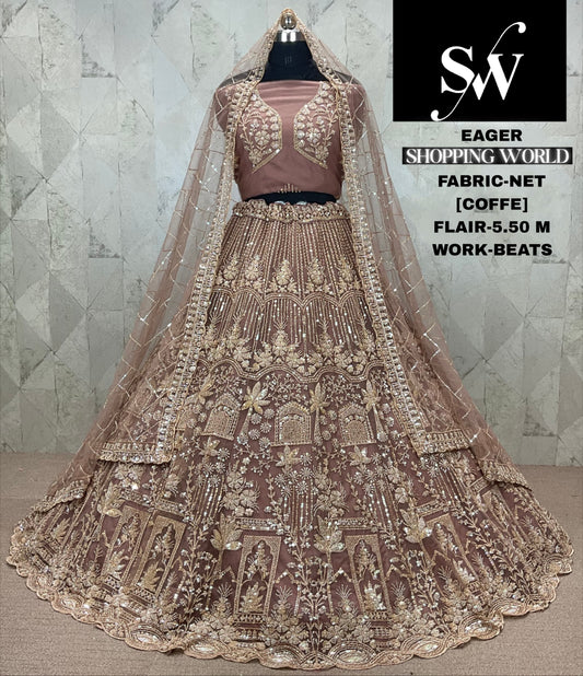Awesome net Golden chiku Lehenga