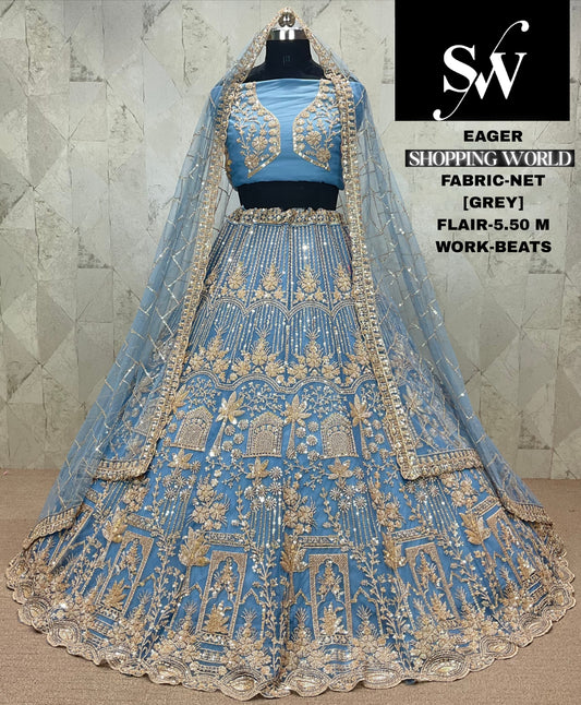 Fabulous net Grey Sky blue Lehenga