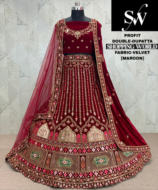 Awesome Dark maroon bridal Lehenga Velvet