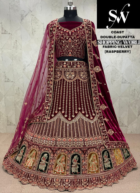 Astonishing maroon Double dupatta Velvet bridal Lehenga